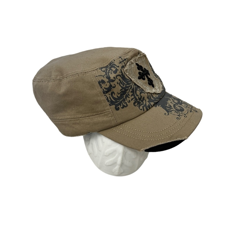 Relativity Original Hat Cap with Black Cross on Beige Distressed Baseball Cap
